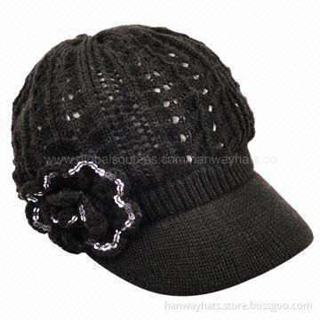 Fashionable Knit Newsboy Hat with Self Flower Trim